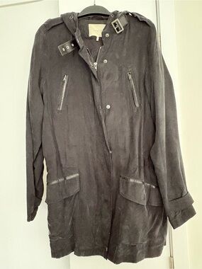 Maje Black Suede Utility Field Jacket with Buckle Hood